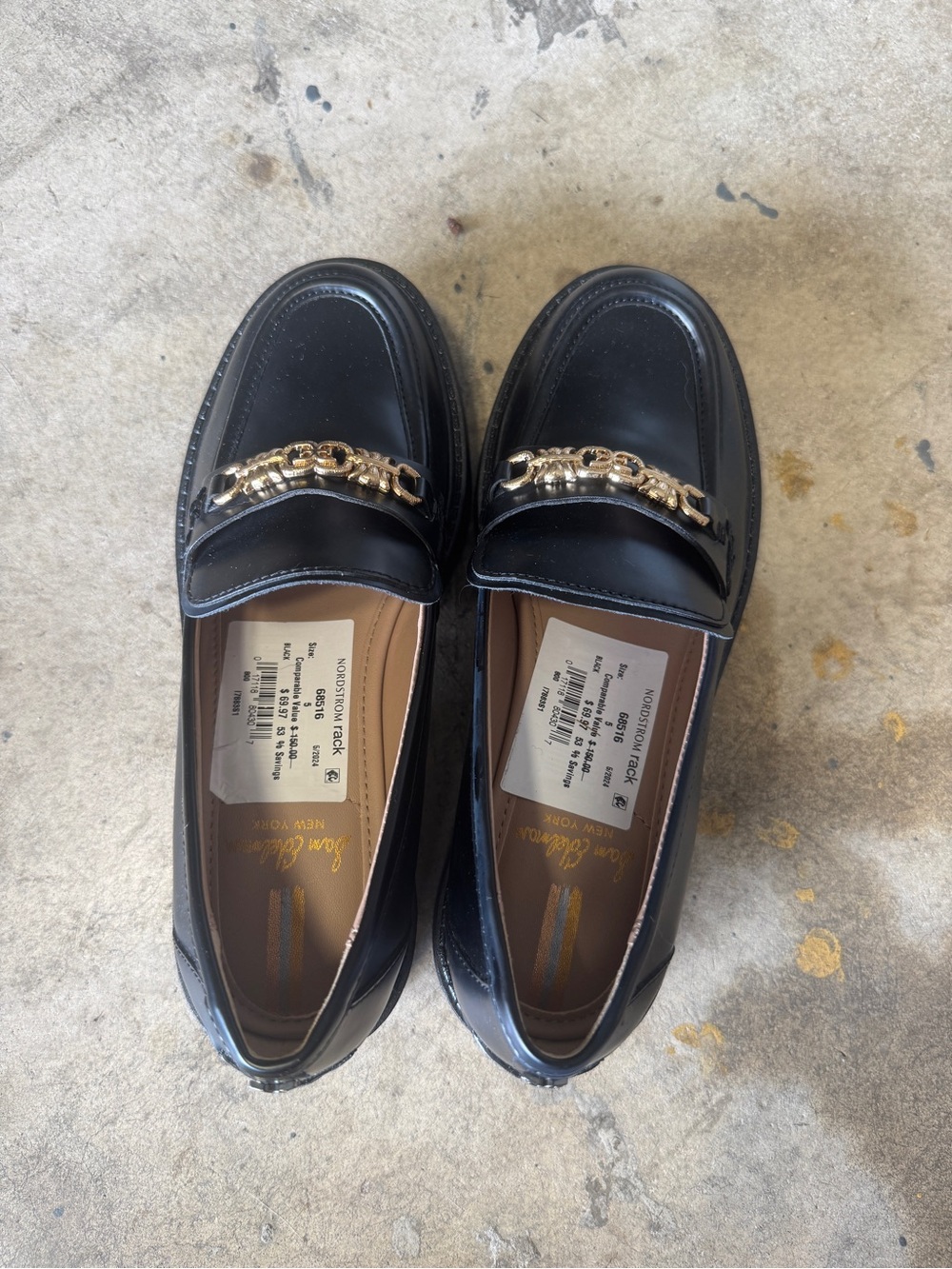 Sam Edelman Black Leather Loafers with Gold Chain Accent